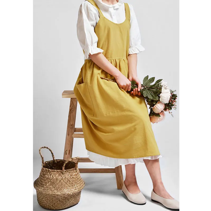 

Premium Cotton Linen Cross Back Apron with Pockets Adjustable Bib for Women Men Cooking Gardening Flower Nail Bakery Shop TJ7729