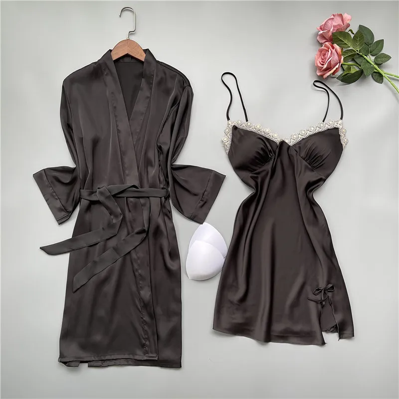 

Spring Autumn New Kimono Robe Gown Set Female Black Casual Rayon Home Dress Sexy V-Neck Nightgown Sweet Bow Lace Trim Sleepwear