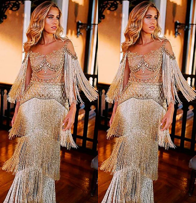 

Aso Ebi Arabic Gold Sparkly Evening Dresses Long Luxury 2021 Women Party Dress Beading Tassel Prom Gowns robe de soiree EV79