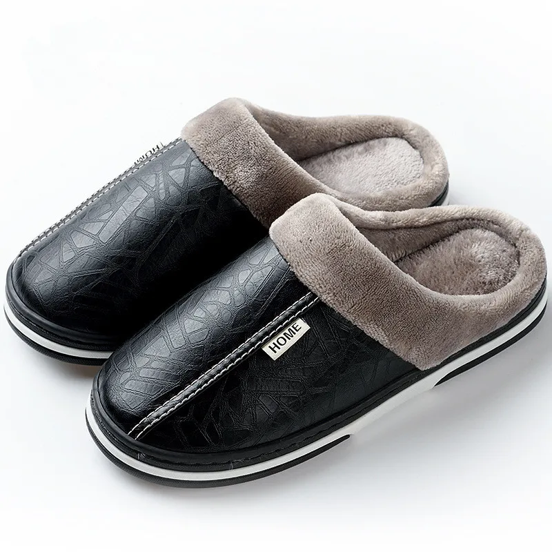 Men's Slippers Indoor Leather Winter Waterproof Warm Home Fur Lady Slippers Men's Couples Shoes Large Size Slippers