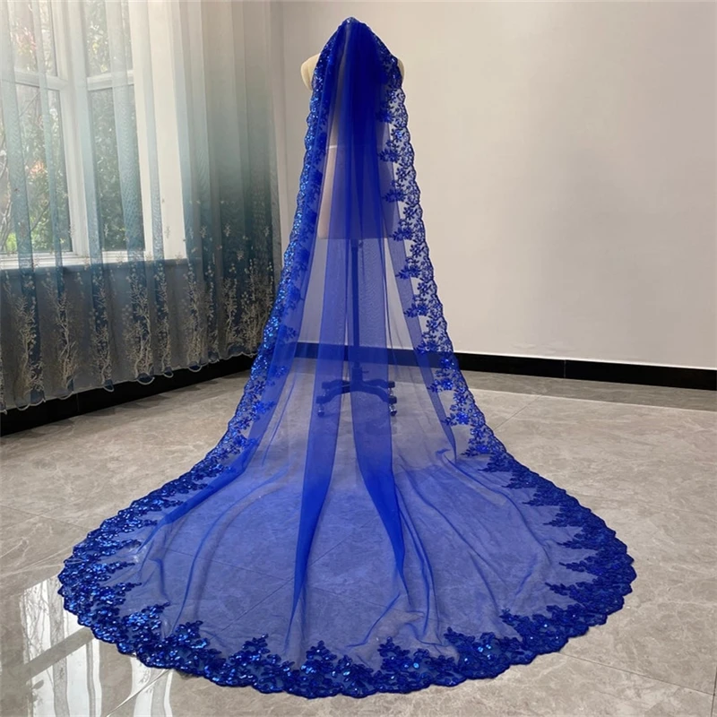 Royal Blue Braut Hochzeit Schleier Kathedrale Lang Eine Schicht Mit Kamm Tüll Zubehör 3 4 5 meter Schleier für Bräute pailletten Spitze