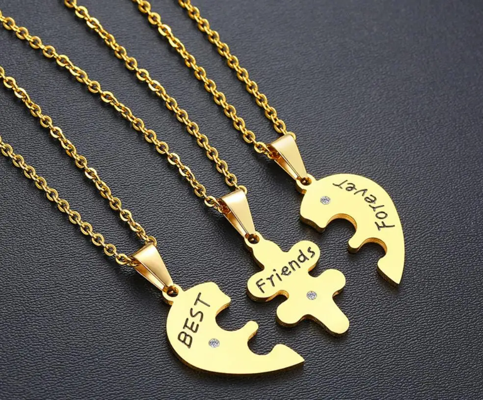 Stainless steel 3 piece set Best Friends Forever Friendship Heart Puzzle Pendant Necklace