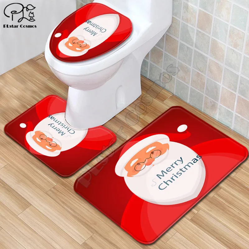 Cartoon Christmas element pattern 3D printed Bathroom Pedestal Rug Lid Toilet Cover Bath Mat Set drop shipping style-3