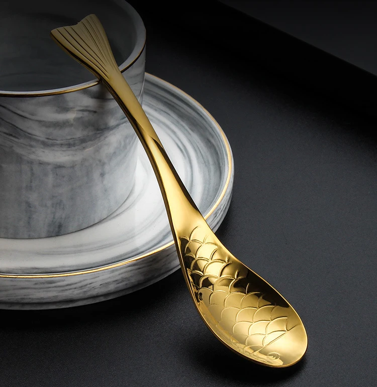 Creative Ice Cream Coffee Spoon 304 Stainless Steel Fish  Shape Tea Dessert Teaspoon Long Handle Spoon Kitchen Tableware