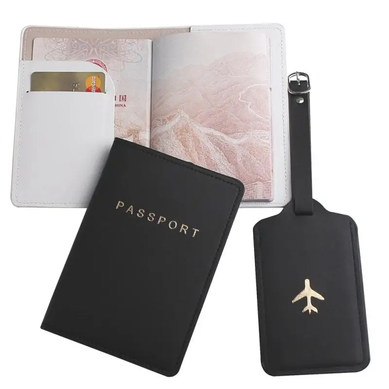 New 2pcs/set Black White Passport Cover&Luggage Tag PU Leather For Travel Accessories Case Label Tag Passport Holder