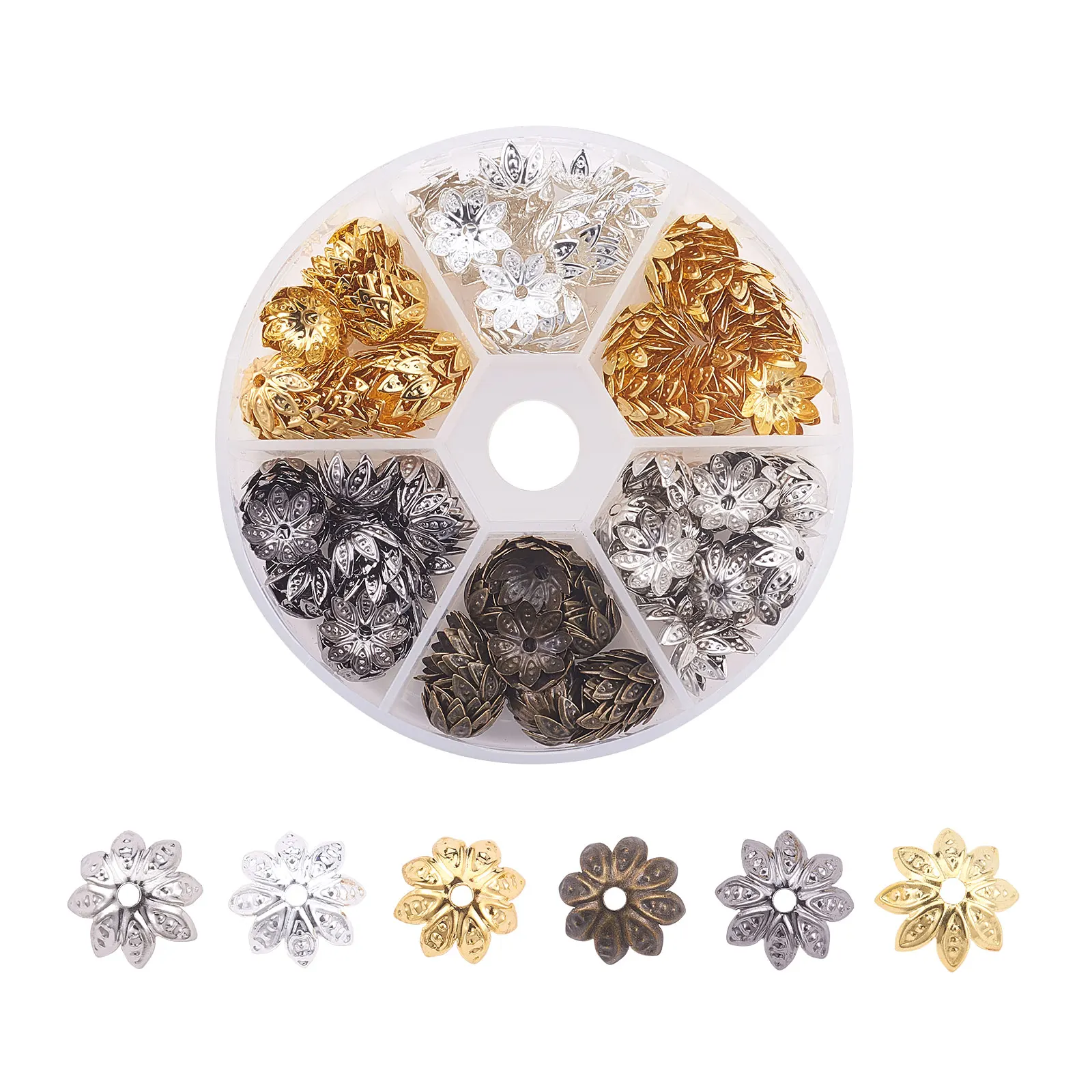 300Pcs/box 10mm 6 Colors Multi-Petal Flower Iron Metal Bead Caps Spacers for Beading Jewelry Making Supplies