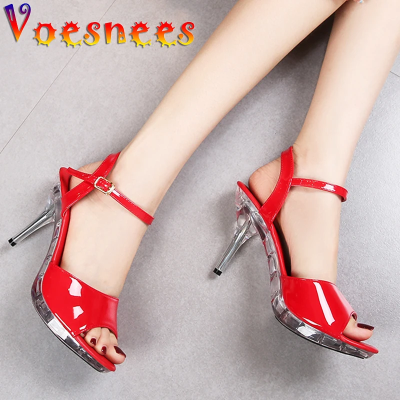 Summer Candy Color Patent Leather Sandals Buckle Straps  Platform Peep Toe Thin Women Shoes Crystal Heel 10cn High Sexy Heels