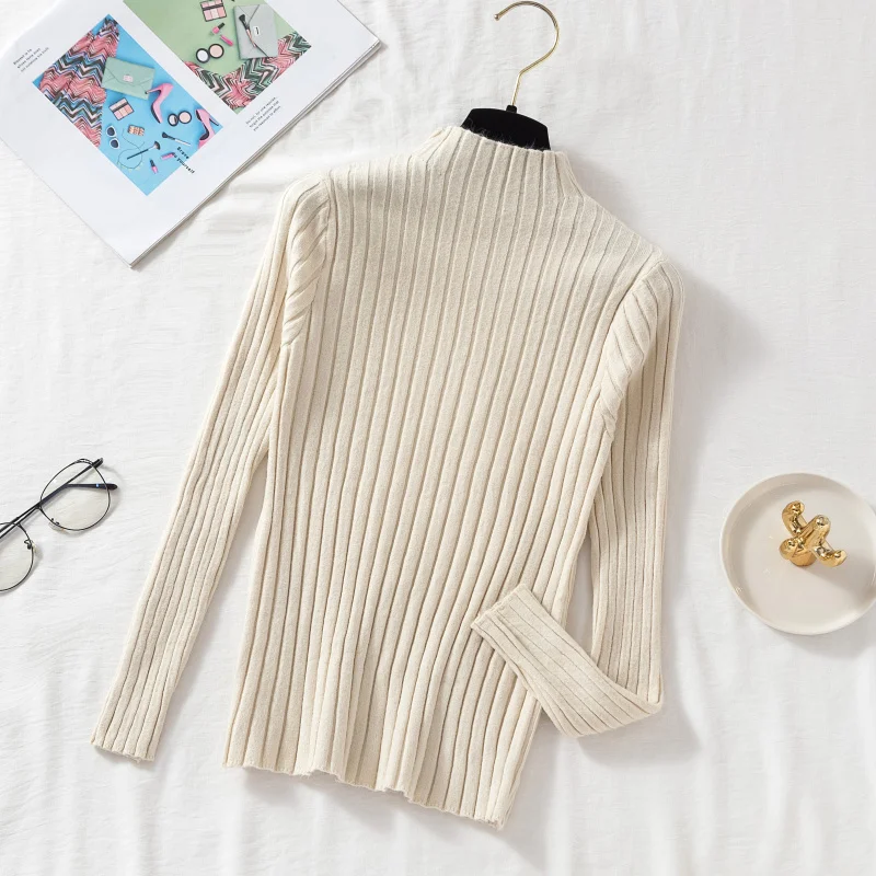 Woman Sweaters 2023 Autumn Winter Ribbed Knitted Sweater Women Pullover Mock Neck Long Sleeve Solid Casual Knitwear Tops Clothes