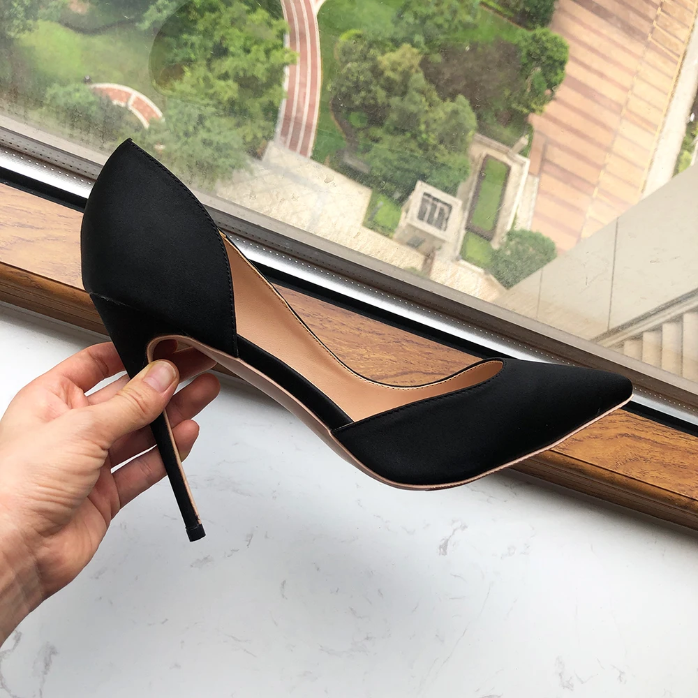 Tikicup Women Black Silk Satin D\'Orsay Stiletto Pums Pointe Toe Slip on Elegant Ladies Formal Fashion Chic High Heel Dress Shoes