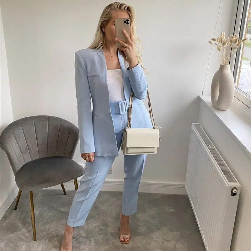 Woman Elegant Solid Slim Blazer Suit 2021 Spring Casual Female High Waisted Pencil Pants Suits Office Ladies 10 Color 2 Pcs Sets