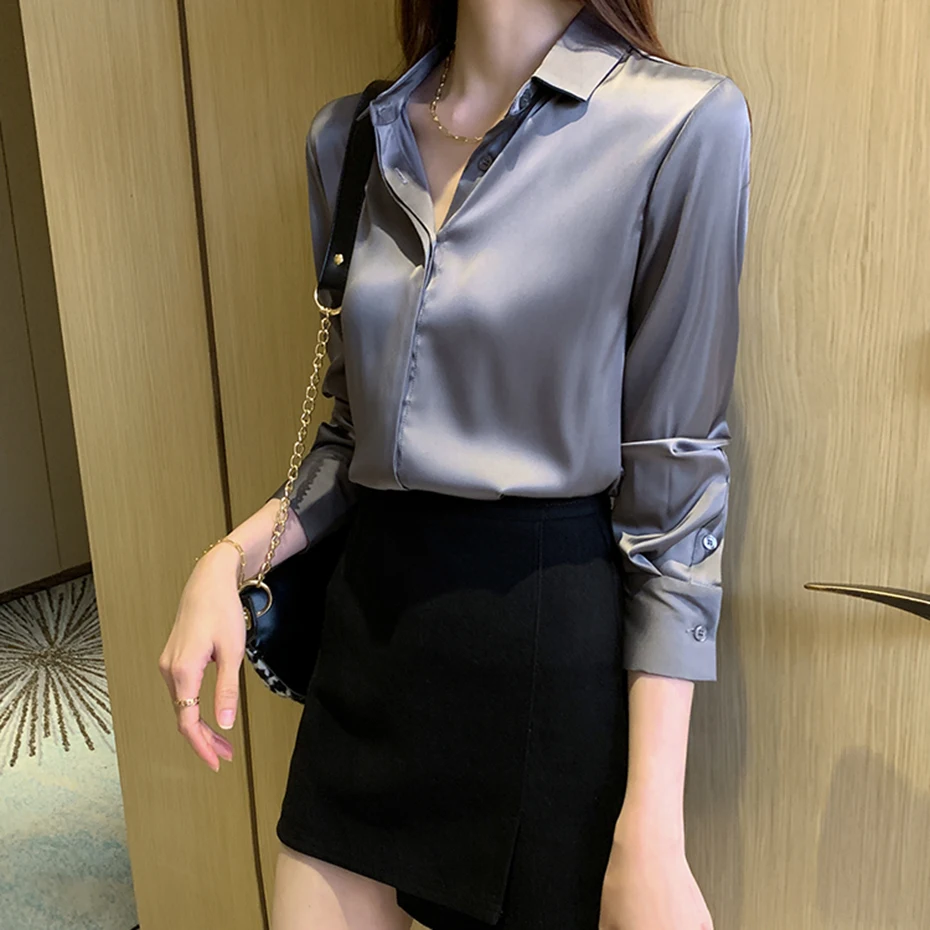 QOERLIN Silk Women\'s Shirt Long Sleeve Satin Fashion Woman Blouse 2023 Female Shirts Basic Ladies Tops OL  Women Clothing S-XXL