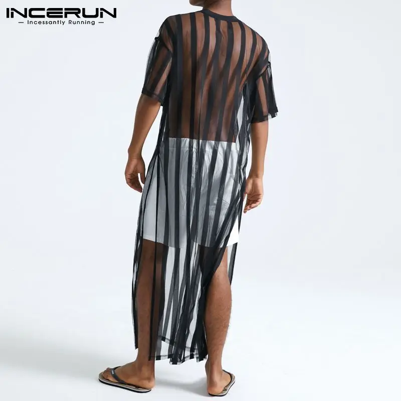 INCERUN 2023 Men Mesh T Shirt Transparent Striped Streetwear Short Sleeve Sexy Long Tops Fashion Party Nightclub T-shirts S-5XL