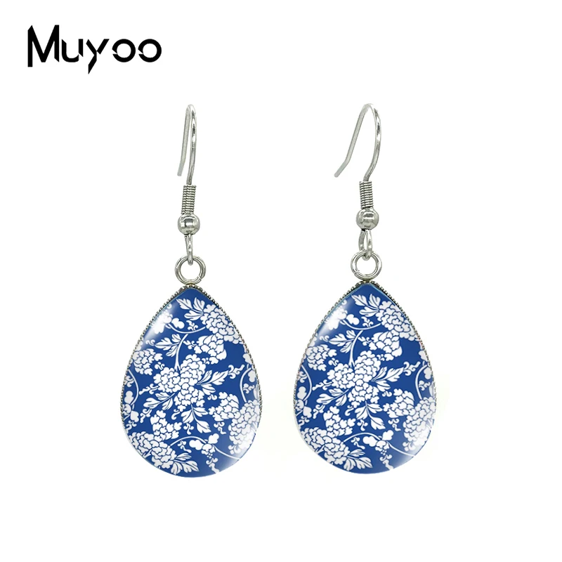 2020 New Blue White Porcelain Pattern Earring Flower Art Panting Tear drop Earring Glass Cabochon Hook Earrings Jewelry