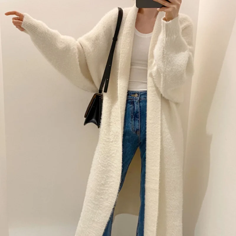 Synthetic Mink Cashmere Women Sweater Cardigan Autumn Winter Batwing Sleeve Knitted Long Cardigan Thick Oversize Fluffy Sweaters