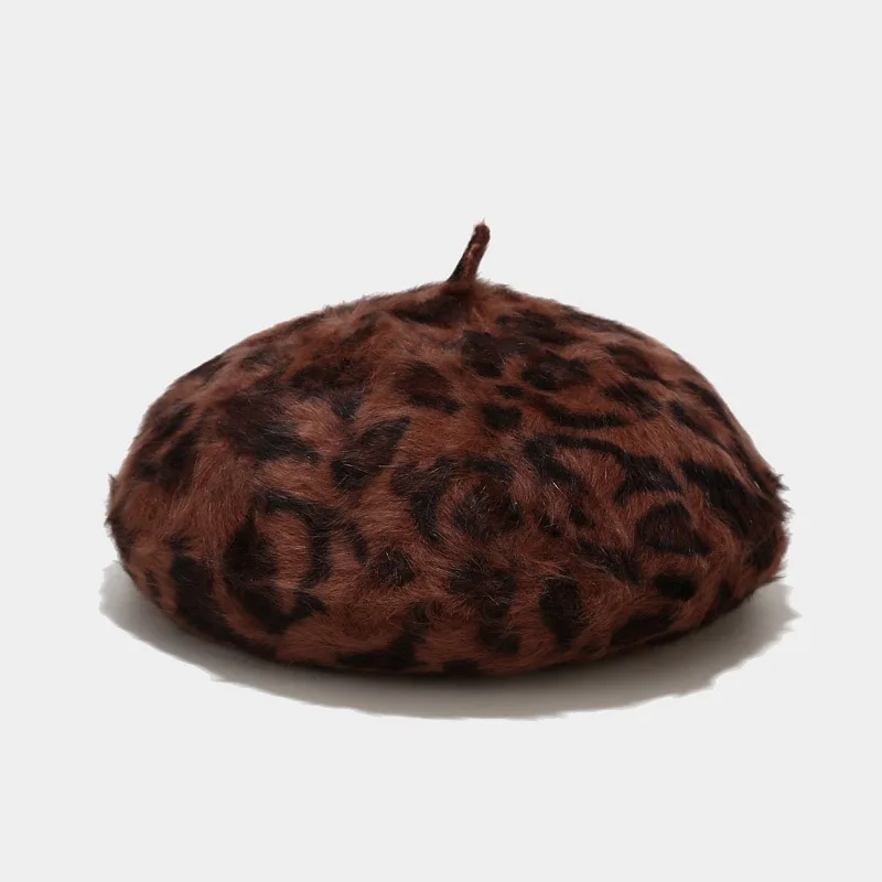 Autumn Winter Leopard Print Warm Rabbit Fur Octagonal Hats for Women and Girl Berets Painter Hat Beanie Cap