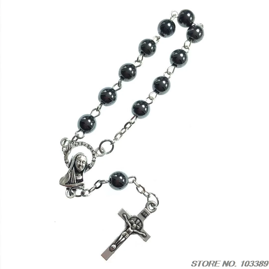 6mm hematite bead rosary bracelet virgin mary center with benedict cross denary bamptism favorite