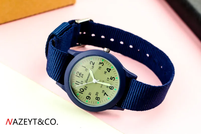 New fashion man quartz wristwatch middle student luminous hands army watch children boys girls blue alloy dial nylon sport clock