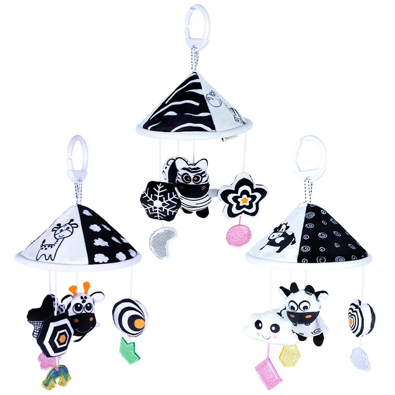 Black White Baby Rattle Bed Hanging Bed Around Cartoon Animals Wind Chime Exercise Newborn\'s Vision And Hearing Toy Baby Gifts