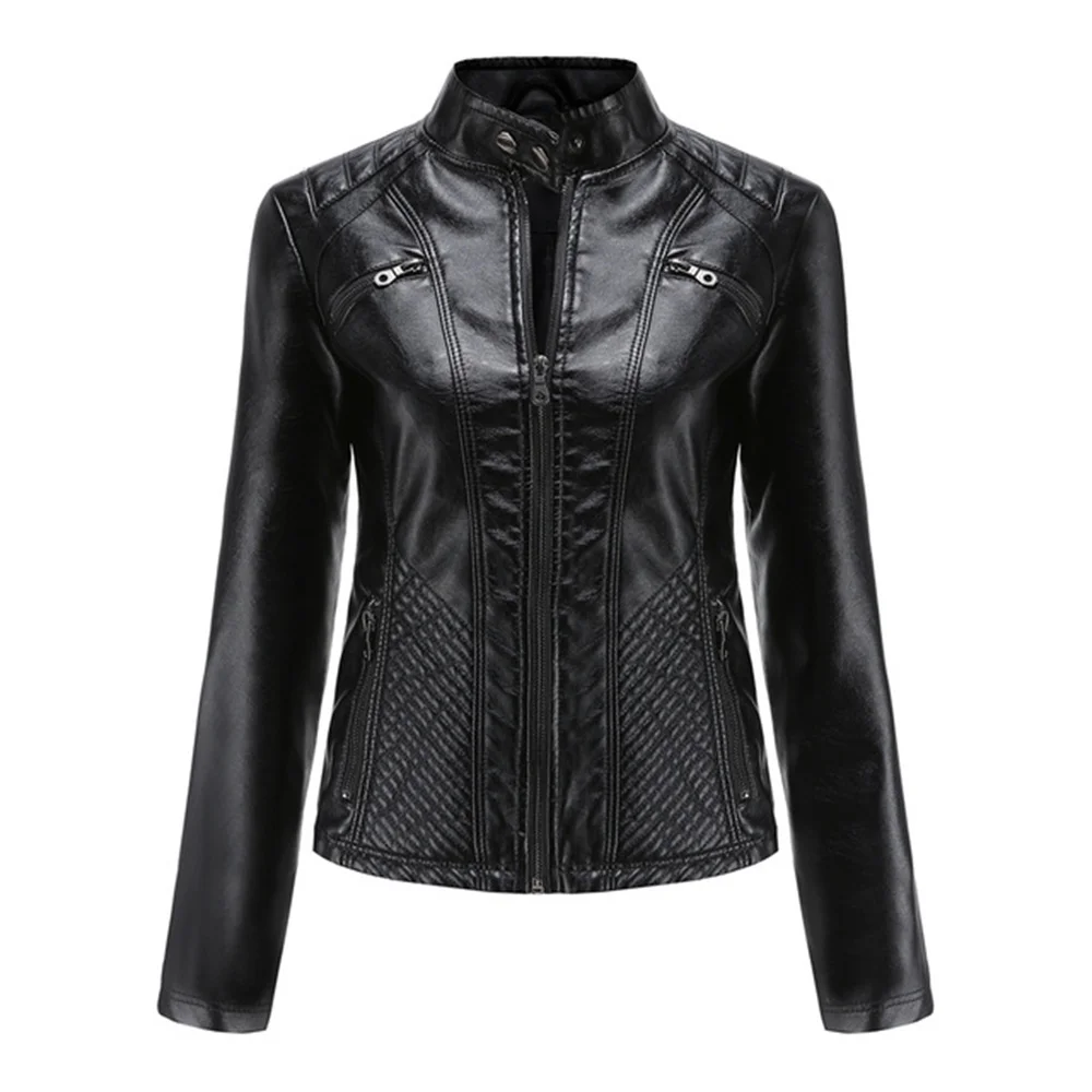 Ladies Leather Jackets New  Slim Moto Bikers Coat Women Long Sleeved With Zipper Spring Autumn Short Casual Outerwear