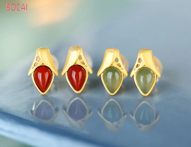 

real S925 silver inlaid southern red agate and Tian sapphire drop-shaped hollow exquisite small flower bud earrings