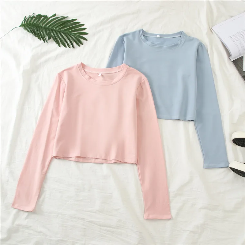 Women Long Sleeve T-shirts Autumn O-Neck Solid Ladies Casual Loose Brief Short T Shirt Tops Girls Crop Top Magliette Donna