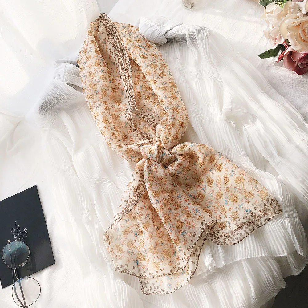 Silk Scarf Woman Spring Summer Mother Day Gift Light Soft Scarves Long Small Wraps Floral Chiffon Sunscreen Shawl