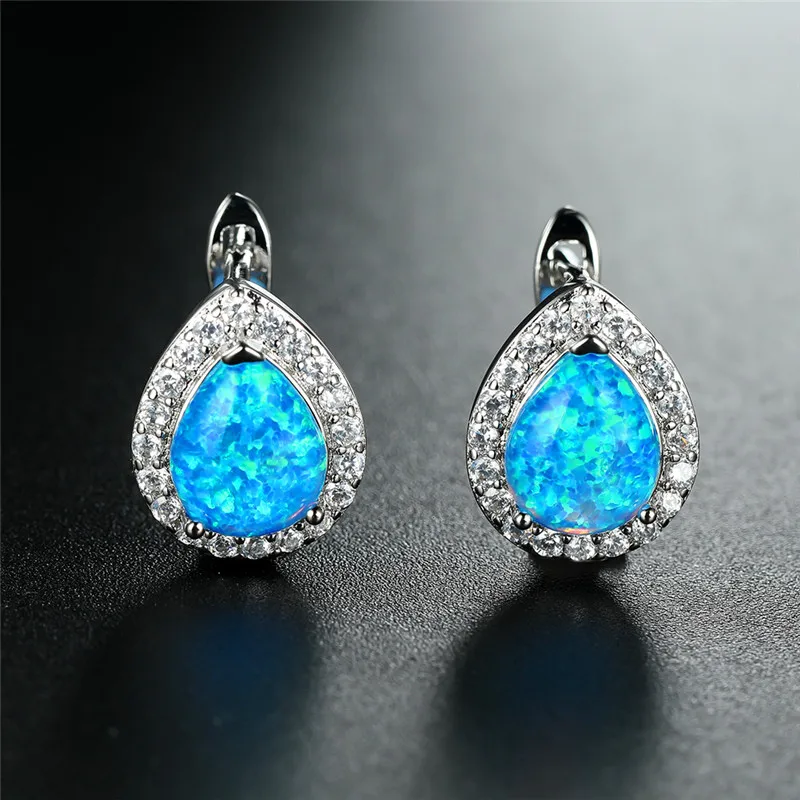 الفاخرة الإناث الأبيض الأزرق حلقان مصنعة من حجر الأوبال ارتفع الذهب الفضة اللون أقراط مشبكية الهندسة كريستال خمر أقراط الزفاف للنساء #4