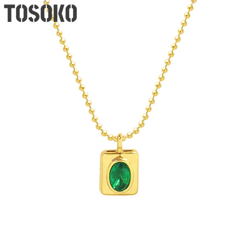 

TOSOKO Stainless Steel Jewelry Oval Zircon Inlaid Square Pendant Bead Chain Necklace Female Eelegant Clavicle Chain BSP111