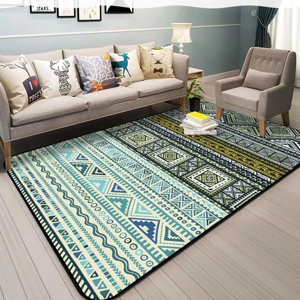 Bohemian Style Square Carpet Anti Slip Printed Geometric Pattern for Living Room/Bedroom Floor Protection Home Rug