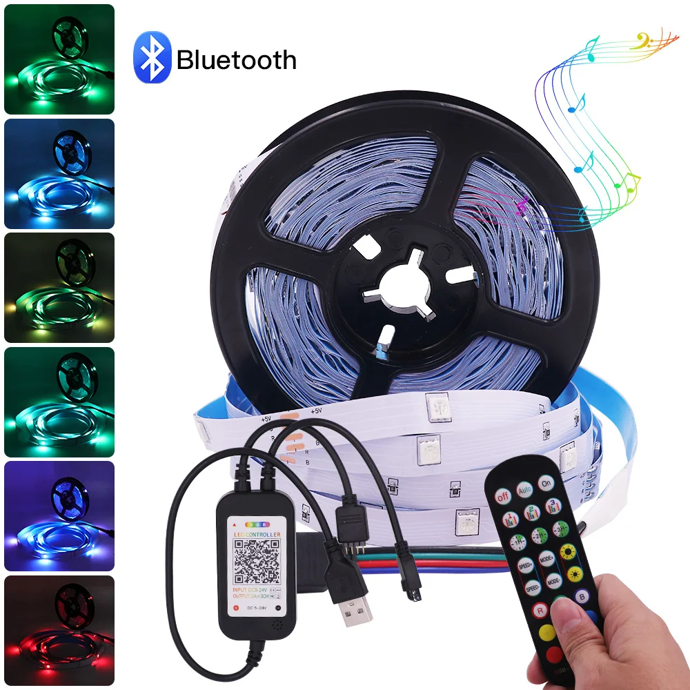 

Светодиодная лента RGB 5050 с управлением через приложение и поддержкой Bluetooth, гибкая Диодная лента, 5 в постоянного тока, водонепроницаемая светодиодная лента с USB, подсветильник ка для телевизора, настольного компьютера