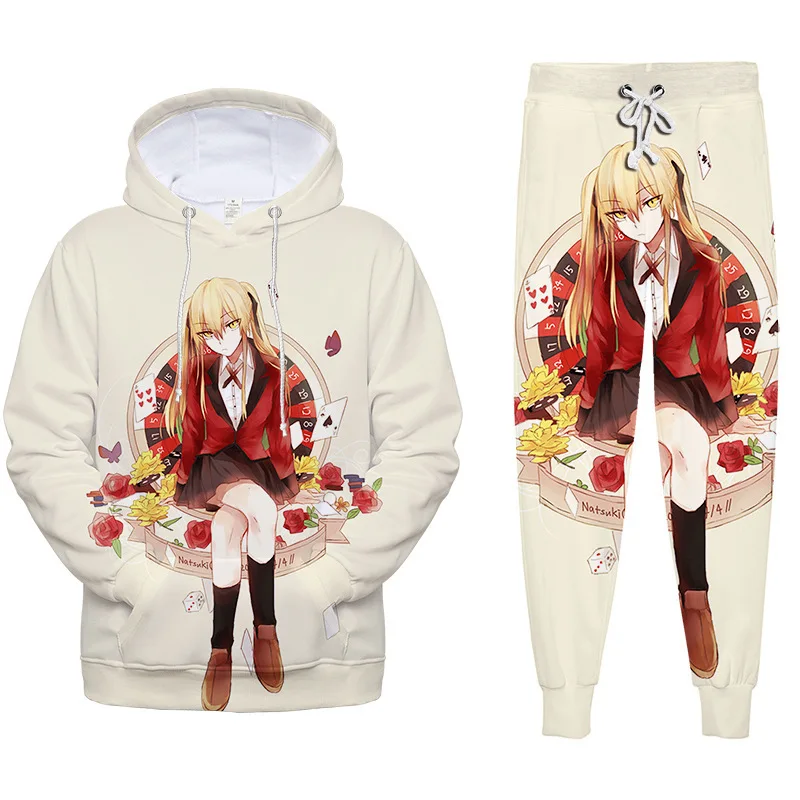 Jabami Yumeko Pants Suit Kakegurui Anime Cosplay 3D Print Oversized Hoodies and Sweatpants Set Hooded Sweatshirts Tracksuits Top