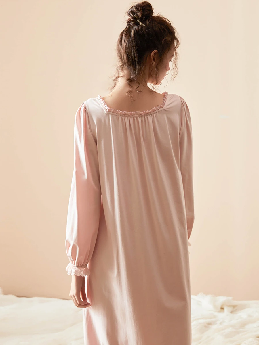 Hanxiuju Vintage Embroidery Long Nightgowns For Lady Spring Autumn Long Sleeve Elegant Delicate Loose Nightshirts Homewear