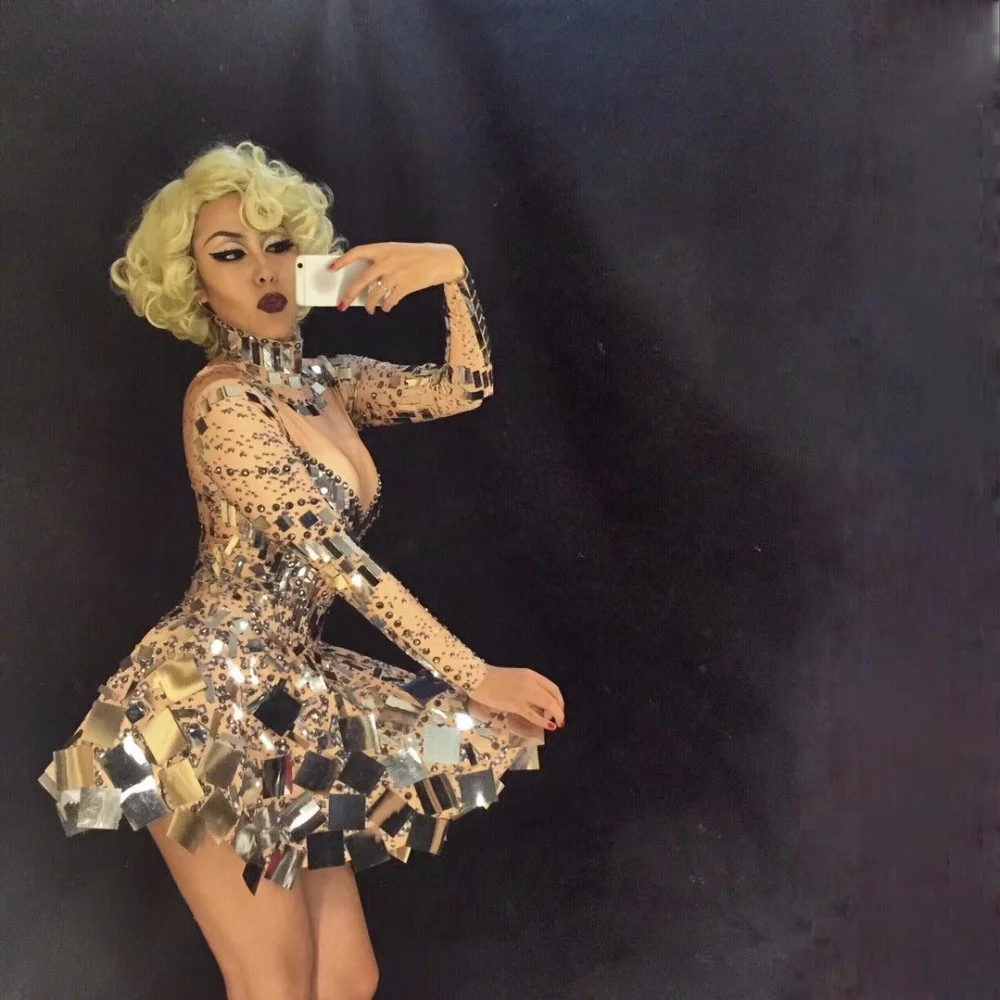 Sell well Singer mirror dress stage dance wears Sparkly Silver Sequins Bodysuit Dress Rhinestone Costume