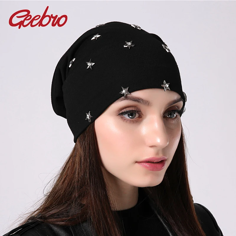 

Geebro Woman's Soft Comfortable Hat With Rhinestones Accessories Beanies Solid Color Knitted Casual Elastic Skullies Caps Bonnet