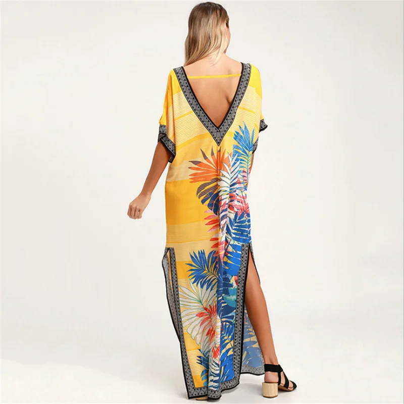 Bikini da donna Cover Up lungo giallo floreale Boho Maxi Robe De Plage abito da spiaggia scollo a V Sarong abiti da bagno Pareos De Playa Mujer