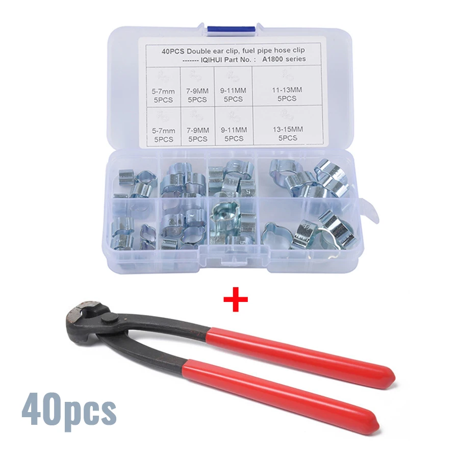 40PCS 5-15MM Double Ear Hose Clip Water Fuel Air Clamps Zinc Plated Assortment Box With Clamp Pliers