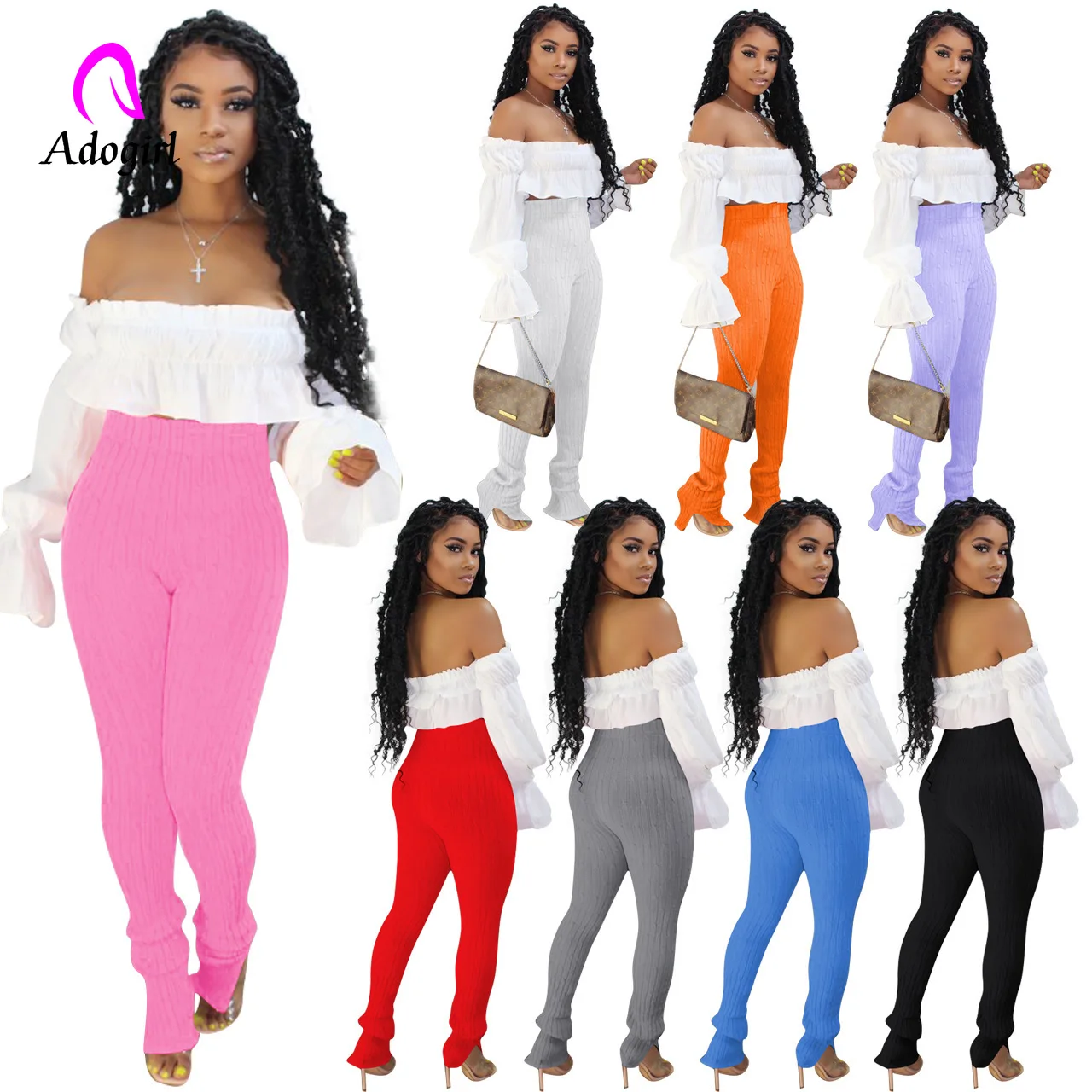 Stacked Pants Suit Women 2 Piece Set Off Shoulder Crop Top Knitted High Waist Pants Suit Tracksuit Matching Set Fitness Outfits