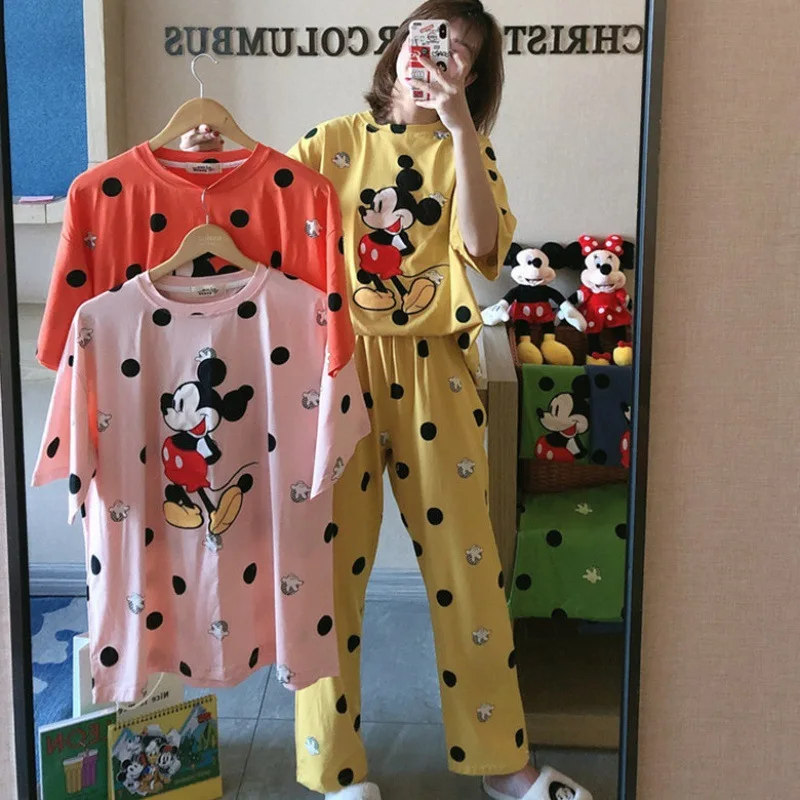 Pajamas Mickey Dot Summer Milk Silk Mickey Mouse Disney Pajamas Women\'s Short Sleeve Trousers Cartoon Loose Home Service