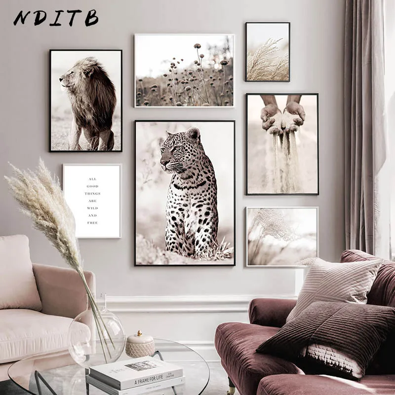 Scandinavian Poster Print Reed Nature Landscape Canvas Painting Leopard Lion Animal Wall Art Picture Nordic Style Home Decor