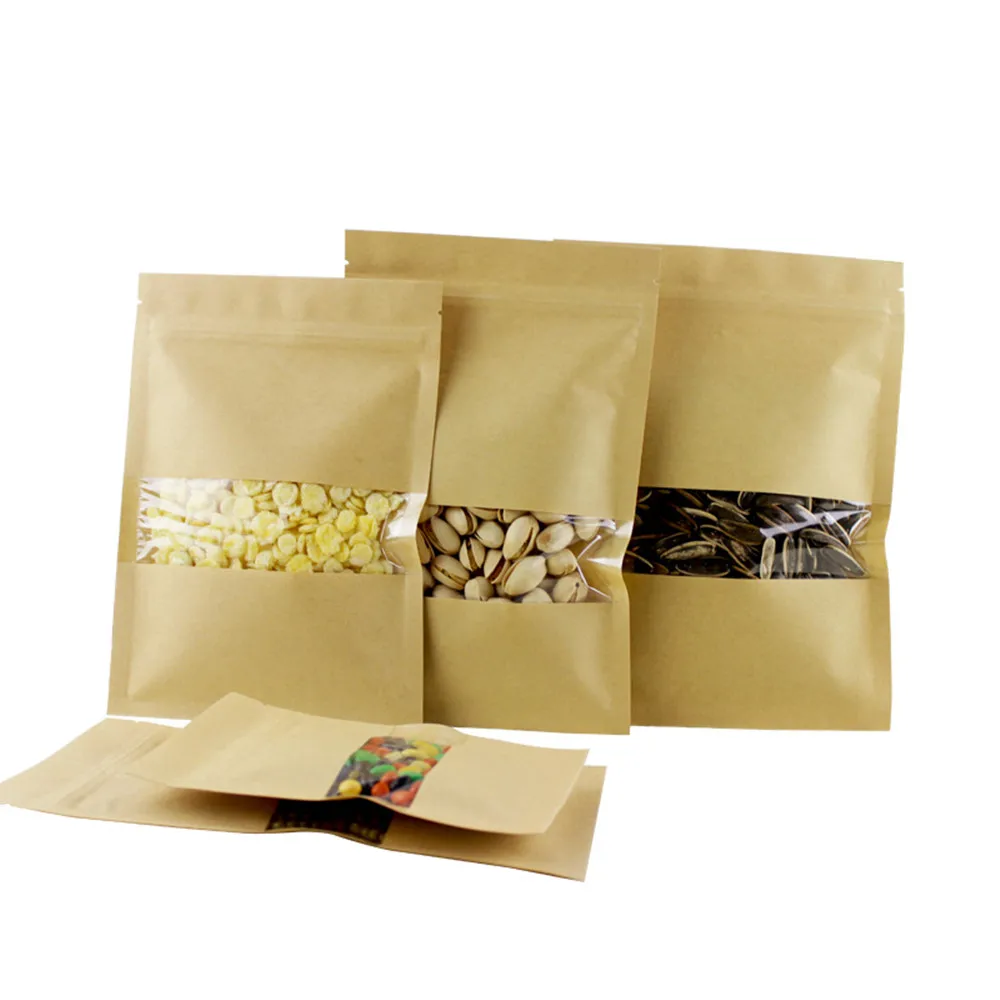 

100Pcs Thick Zip Lock Pouches Brown Kraft Food Packaging Paper Bags with Clear Window Coffee Beans Dry Fruits Tea Pack