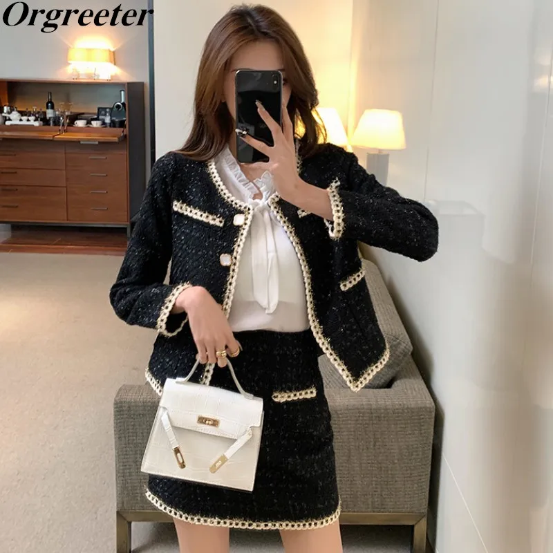 Fall Winter Black Tweed Suits for Women Elegant Single-breasted Long Sleeve Cardigan Jacket + Chiffon Shirt + Mini Skirt Sets