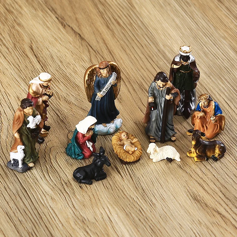 11Pcs/set Christmas Manger Combination Resin Crafts Small Ornaments Nativity Religious Sculpture Decoration