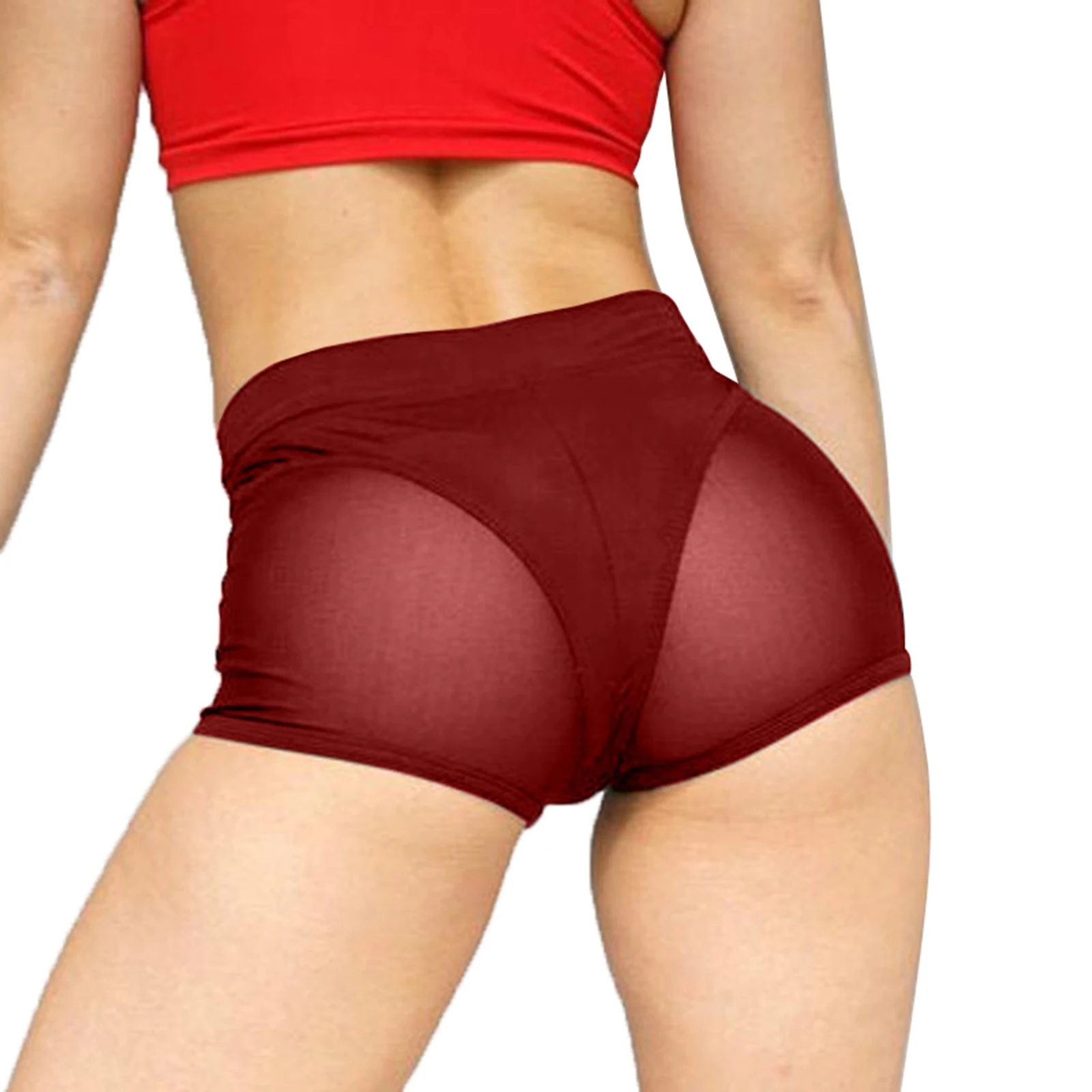 Women Sexy High Waist Workout Fitness Shorts Female Cheer Booty Dance Shorts See-through Mesh Patchwork Pole Dancing Clubwear