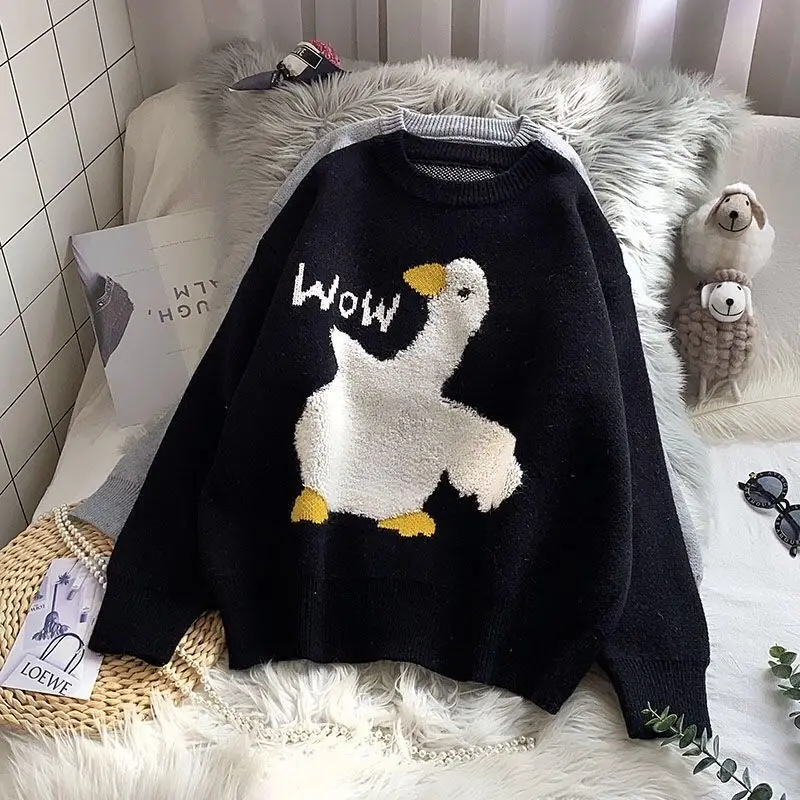 Blue Sweater Women Loose Korean Wear Lazy Pullover Autumn Winter 2021 New Popular Sweet Cute Wow Duck Cartoon Harajuku Thick