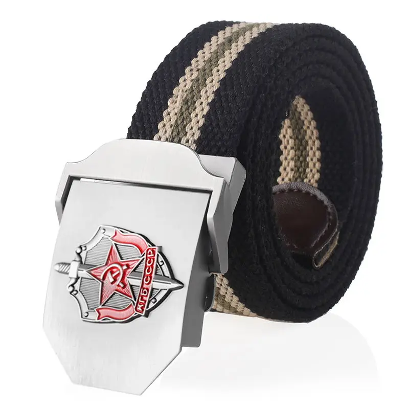 SupSindy Man Canvas Belt 3D Soviet Glory KGB Metal Buckle Jeans Belts for Men CCCP Army Military Tactical Belts Male Strap Black