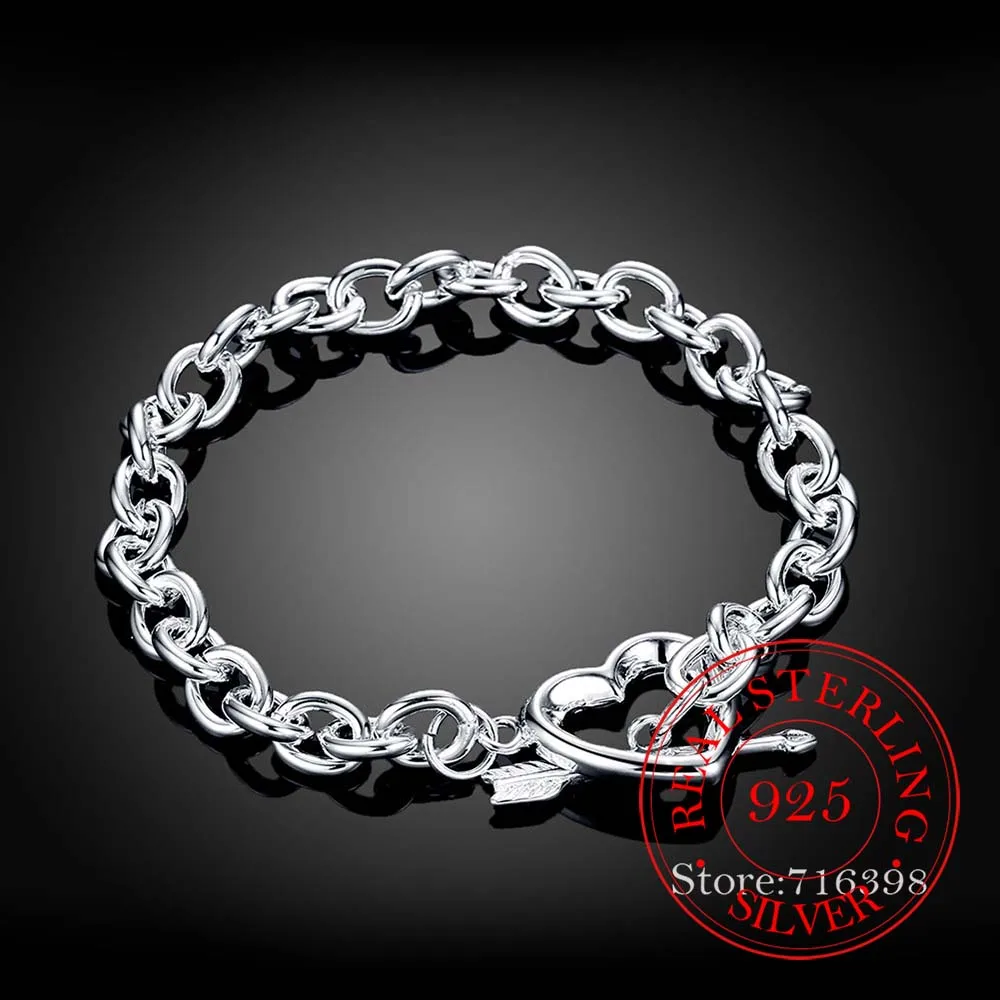 Pulsera de plata de ley 925 para hombre y mujer, brazalete con dije de corazón, flecha coreana, cadenas, regalo de San Valentín