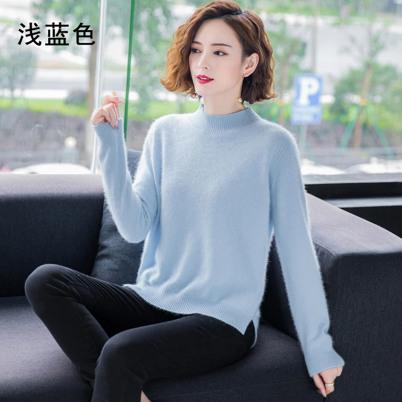 Winter 100%Mink Cashmere Women Half High Neck Fashion Knit Thick Solid Color Sweater Long Sleeve Large Size Base Warm Top 2021