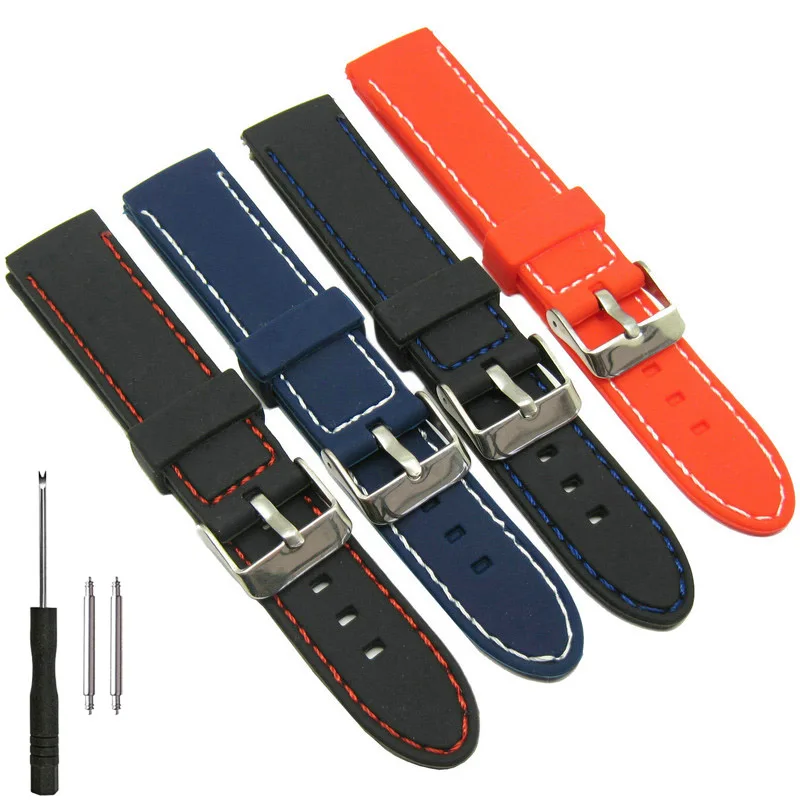 20mm Stitched Silicone Rubber Watch Band Replacement Strap Fashion Casual Bracelet Black White Blue Red Orange