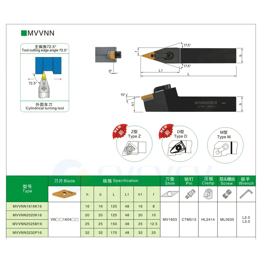 حامل أداة تحول خارجي MVVNN1616H16 MVVNN2020K16 MVVNN2525M16 MVVNN ، أدوات قطع المخرطة CNC ، مقاوم للتآكل ، متين
