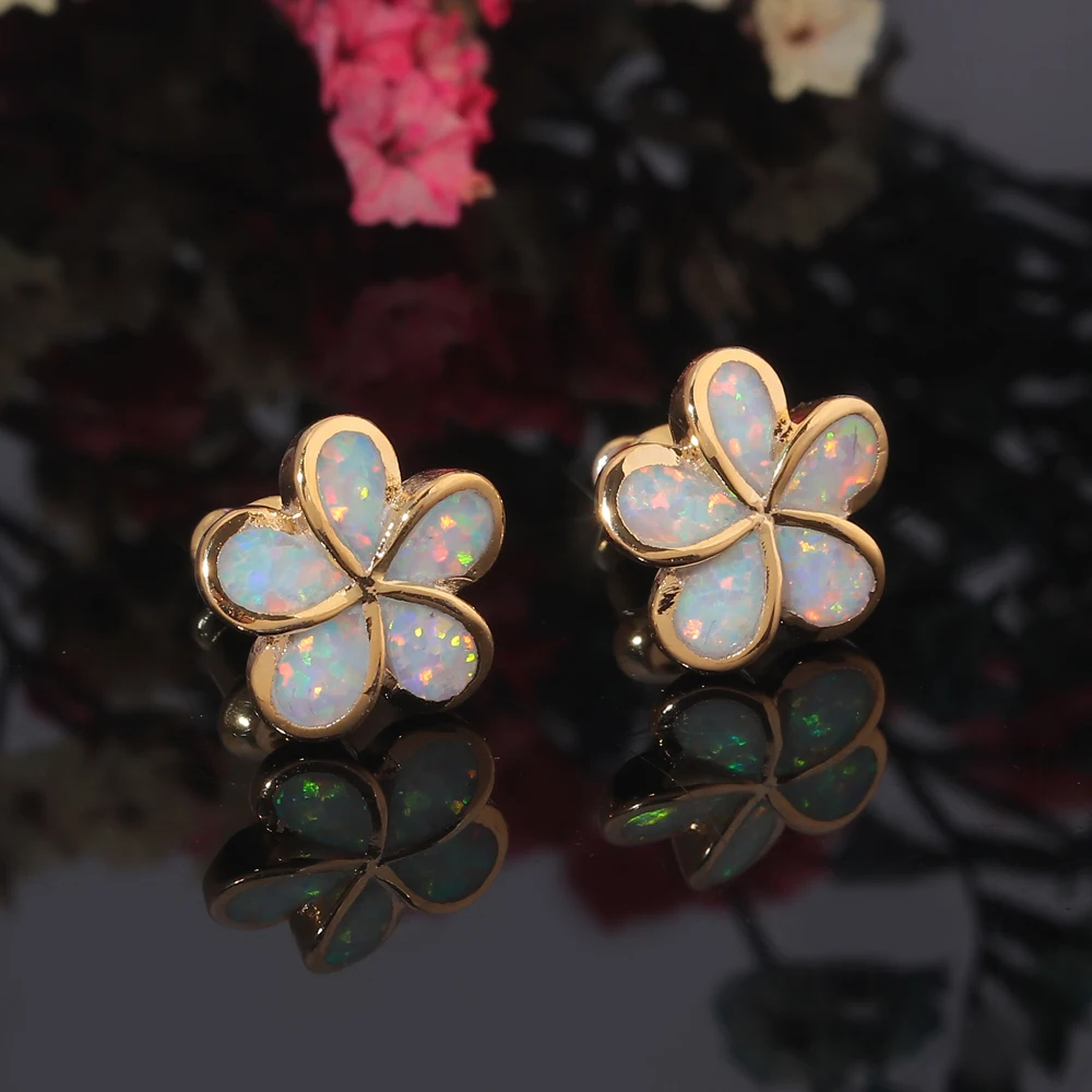 CiNily White & Blue Fire Opal Stud Earrings Silver Plated Flower Flora Gardenia Bohemia Boho Summer Chic Jewelry Gift Woman Gift